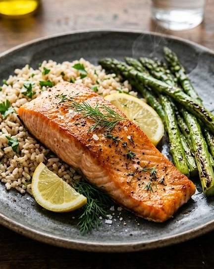 Salmón a la plancha con arroz integral y espárragos, receta de Super Recetas Fitness